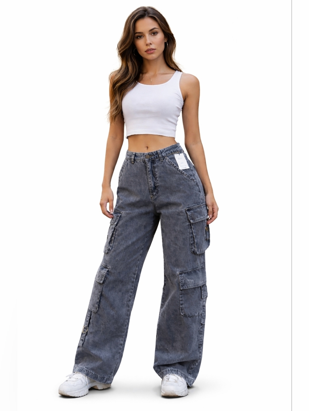 Pull&Bear Washed Grey High-Waist Wide-Leg Cargo Jeans